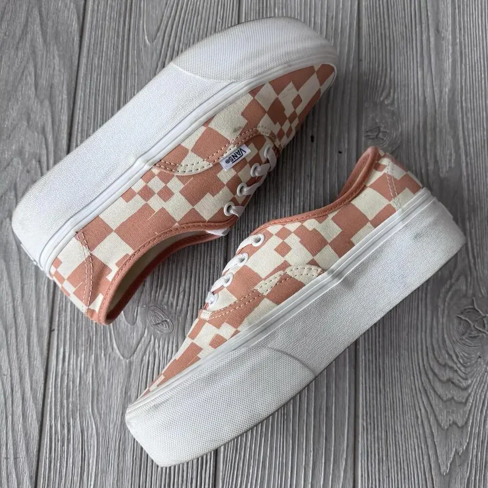 Vans Authentic Platform Sneakers Tan Checker Pixel Low Top Womens 7.5 Stacked - Picture 5 of 11